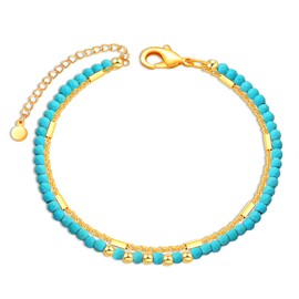 VIVILE Gold Silver Turquoise Beads Anklet for Women and Girls, Festival and Beach Accessories, Handmade Boho Anklet, Adjustable Size, Waterproof Jewellery, Brass