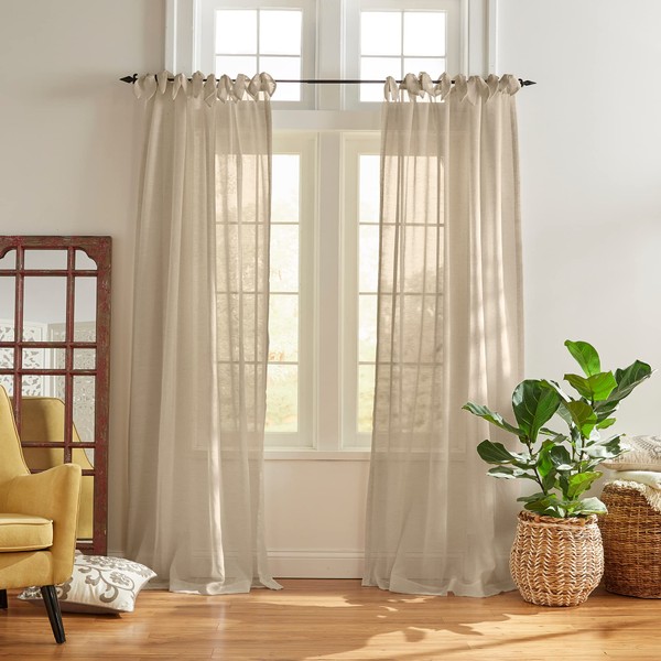 Elrene Home Fashions Vienna Sheer Tie-Top Window-Curtain Panel, 52 in x 95 in (1 Panel), Flax