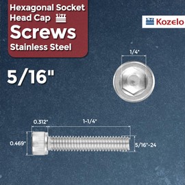 Kozelo 10pcs Socket Head Cap Screws - [5/16"-24 x 1-1/4"] 304 Stainless Steel Allen Socket Drive for Electrical Motor 3D Printing Fan Engine Replacement Use, Silver