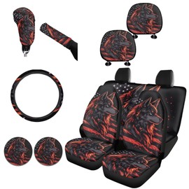 FKELYI Wolf Car Seat Covers Full Set for Men American Flag Non-Slip Seat Protector with Cup Coasters,Gear Shift Cover&Handbrake Cover, Steering Wheel Cover, Headrest Covers