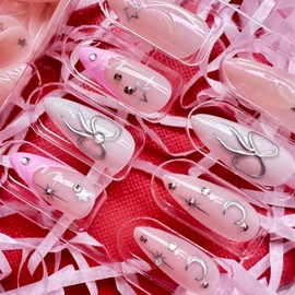 ONPRESS 24Pcs Pink Press on Nails Medium Almond Fake Nails with 3D Heart Silver Bow Rhinestones Design Star Moon Chrome Acrylic False Nails Pink French Tip Full Cover Glue on Nails for Women Decor