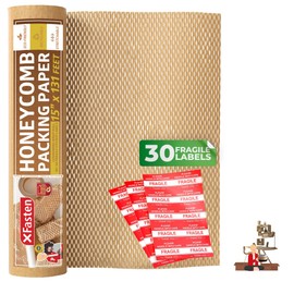 XFasten Brown Honeycomb Packing Paper for Moving 15-Inch x 131-Feet Bubble Honeycomb Wrap, Honeycomb Wrapping Paper for Packing Cushion with 30 Fragile Stickers Packaging Material