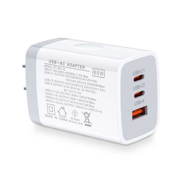 Hootek Rapid Charger, Type-C 65W (PD Charger, USB-A & USB-C 3 Ports), GaN, PD Compatible, PPS Standard Compliant, PSE Certified, USB Outlet, AC Adapter, Type C Charger, Smartphone Charger, Mobile