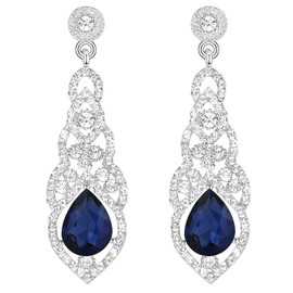Clearine Women's Wedding Bridal Crystal Art Deco Teardrop Hollow Chandelier Dangle Earrings Sapphire Color w/Clear Silver-Tone