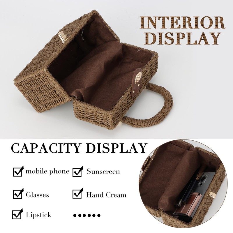 Fecialy Women Handwoven Rattan Handbag Beach Straw Tote Bag Square