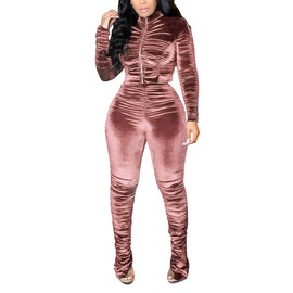 KANSOON Conjunto deportivo de 2 piezas para mujer, conjunto de chaqueta y pantalones de terciopelo fruncido de manga larga con cremallera, Rosado, M