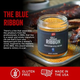 PS Seasoning Blue Ribbon Rib Rub - Sweet and Smoky Competition Style BBQ Seasoning for Smoking and Grilling - Kansas City Spice Blend and Dry BBQ Rub for Prime Rib, Steaks, Pork, Chicken, Beef Brisket