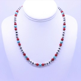 JenHerrmannJewelry Red Coral, Blue Turquoise, Sterling Silver Navajo Pearl Beaded Modern Necklace - 22"