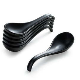 Gomakren Asian Soup Spoons, 6.5 Inch Ceramic Chinese Soup Spoons for Cereal, Ramen, Pho, Noodles, Stews, Black Kitchen Spoons with Long Handle and Deep Oval Design - Set of 6