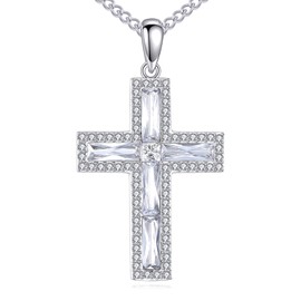 YFN Cross Necklace Sterling Silver Cubic Zirconia Cross Pendant Chain Religious Jewellery Gifts for Men and Women, Sterling Silver, No Gemstone