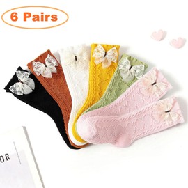 WBZOTSS 6 Pairs Baby Knee High Socks Toddlers Bow Ruffled Knee Socks Cotton School Uniform Socks Girls Tube Stockings Dress Socks (US, Age, 0 Months, 12 Months, 6 pairs)