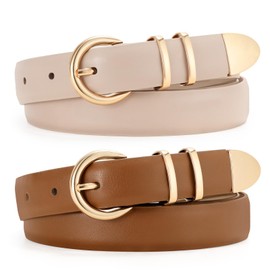 JASGOOD 2 Pack Women's Leather Belts with Gold Buckle Fashion Leather Waist Belt Elegant Ladies Belts for Jeans Dress（Light Beige+Light Brown）