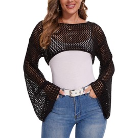 ETOSELL Women Long Sleeve Y2K Crop Tops Hollow Out Crochet Shrug Bolero top See Through Loose Cover Up Mesh Pullover Black