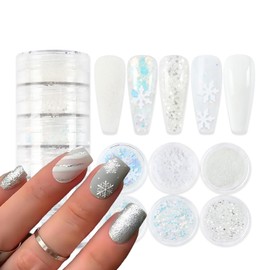 Snowflakes Nail Sequins White Nail Glitter Powder Winter Snowflakes Nail Art Flakes Powder Kit for Acrylic Christmas Nails Decorations DIY Sparkly False Nails Crafts (6 Jars)