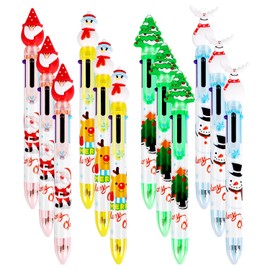 SULOLI Christmas Multicolor Ballpoint 6-in-1 Pens, 12 Pcs Retractable Pen Santa Claus Reindeer Xmas Rollerball Pens for Christmas Party Favors