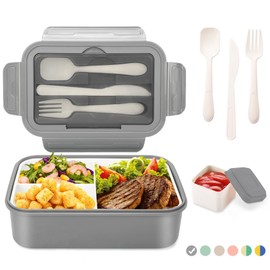 LUZOON Lunchbox Bento Box Brotdose Erwachsene 1400ml mit 3 FäChern für Kinder inkl. Besteck Jausenbox für Mikrowellen Und SpüLmaschinen, Schule Arbeit Picknick Reisen (Grau + Saucenbox)