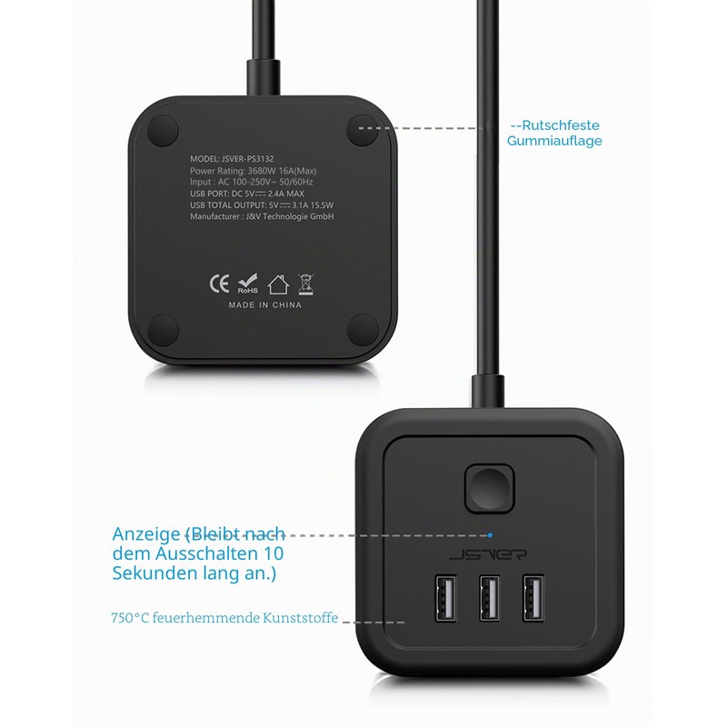 JSVER Power Strip Cube, black