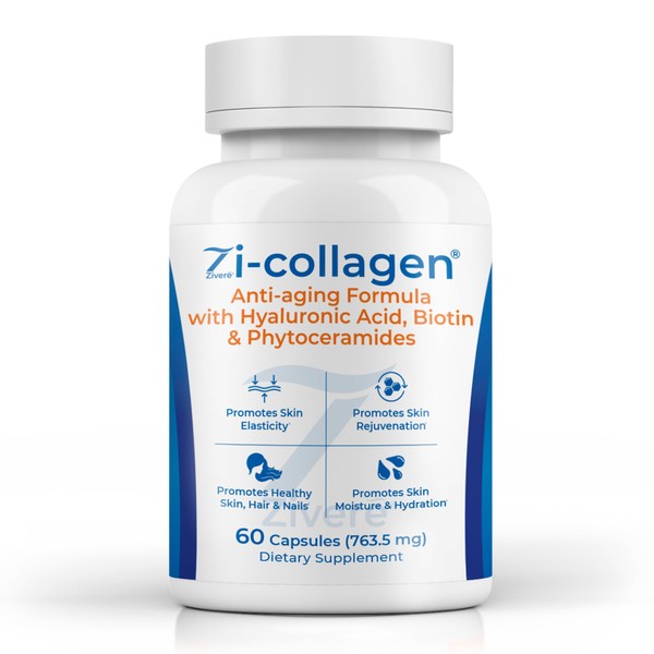 Zi-Collagen Anti-Aging Boost: Marine Collagen, Phytoceramides, Hyaluronic Acid & Biotin - Skin, Hair & Nails Rejuvenation - 60 Capsules