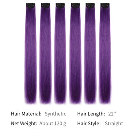 Purple Hair Extensions,HJPJHTM Colored Hair Extensions,6pcs Party Highlights Clip in Hair Extensions for Girls 22" Long Straight Thick Hair Synthetic Hairpieces