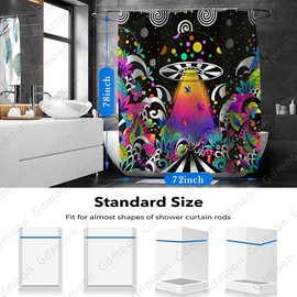 Gdmoon Mushroom Spaceship Shower Curtain Funny UFO Trippy Plant Psychedelic Mushroom Bright Color Weed Black Circle Fantasy Starry Sky Abstract Bathroom Curtain Set with 12 Hooks 72x78In YLWHGD1850