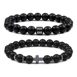 XSDSLS 2 Pcs Men's Beaded Bracelet 8MM Elastic Cross Bead Bracelet Natural Stone Bracelet Tiger Eye Bracelet Lava Stone Bracelet Gifts for Men (Black Frosted)