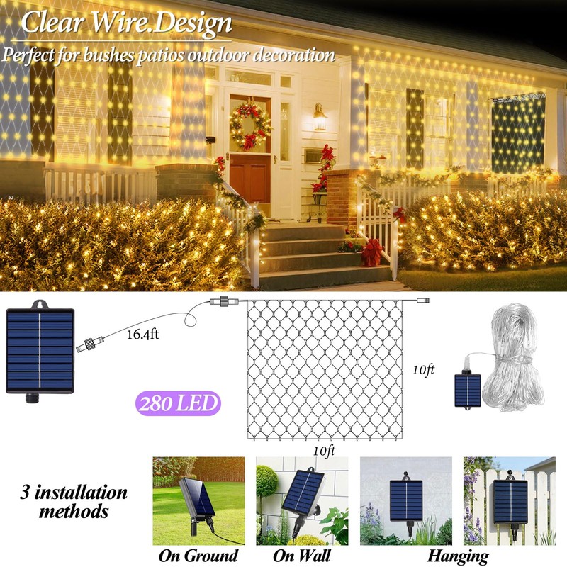 10ft x 10ft Solar Net Lights, 280LED Gazebo Mesh Lights