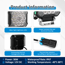 Wsays 4 Inch 18LED 36W Backup Reverse Back-up Light Plug & Play Connector Compatible with POLARIS RANGER XP 1000/Crew 2018-2025