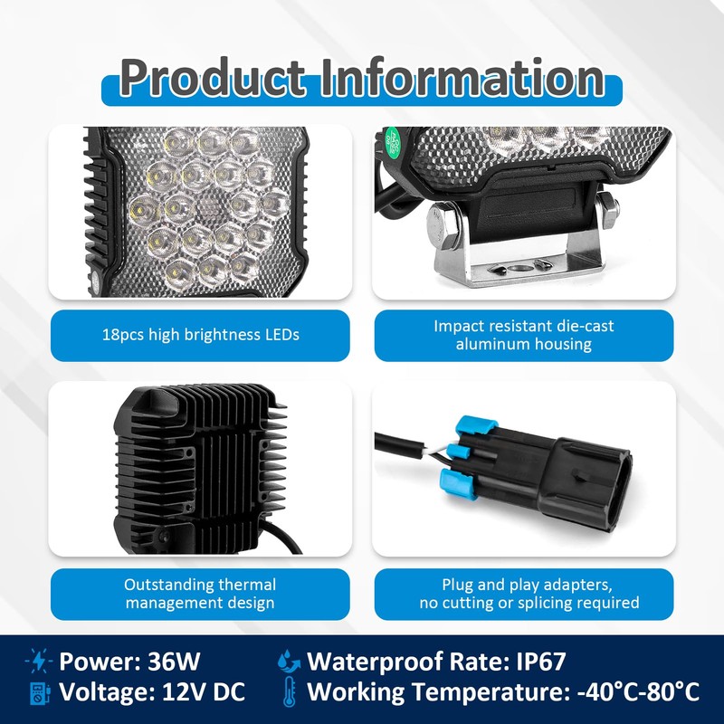 Wsays 4 Inch 18LED 36W Backup Reverse Back-up Light Plug