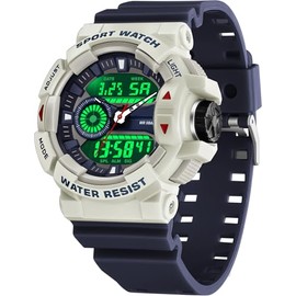 Digital Watch Men's Military Watch Outdoor Digital Watch Men's Sports Watches Boys Tactical Watch 5ATM Waterproof Analogue Digital Military Watches for Men Stopwatch Teenagers, Blue white, Strap.
