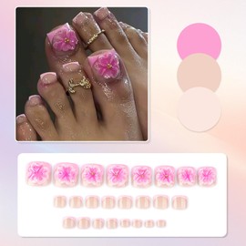 Viugex 24Pcs Pink Press on Toenails, Short Square False Toenails with 3D Flower Design, Cute Glossy Acrylic Fake Toe Nails, Spring Summer Seaside Gel Glue on Toe Nails for Women Girls Manicure Art