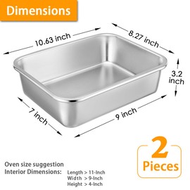 10.7-inch Deep Dish Lasagna Pan Set, P&P CHEF 2-Pcs Stainless Steel Rectangular Casserole Pans, Oblong Metal Bakeware for Roasting, Baking, Cooking, Non-toxic & Healthy, Brushed Surface & Easy Clean