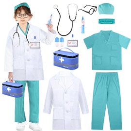 Children's Doctor Costume, Doctor's Coat, Doctor, Scientist, Unisex with Doctor's Case, Stethoscope, Capsules, Syringe, Glasses, Face Mask, Cap, ID Accessories, Boys Girls Fancy Dress from 2 3 4 5 6 7