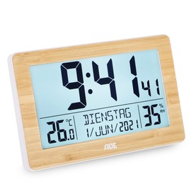 ADE Digital XL Radio-Controlled Clock with Very Large Numbers | Table Clock with 2 Alarm Times and Lighting | Thermometer Hygrometer | Narrow Frame Made of Real Bamboo