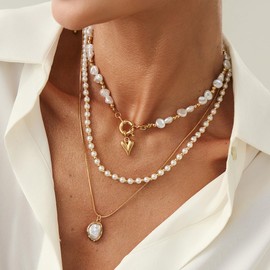 PLOUTOS Layered Baroque Pearl Choker Necklace Set For Women With Gold Heart Lock Charm And Dainty Pearl Drop Pendant, Trendy Layering Jewelry For Women (Gold)