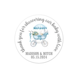 Baby Shower Thank You for Showering Our Baby With Love Stickers 2 inch Round, Pack of 40 Blue Carriage Labels for Favor Bags and Boxes - BB44