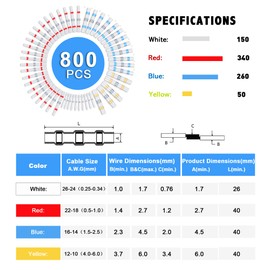 Kuject Heat Shrink Solder Seal Wire Connectors Kit 800PCS, Waterproof Butt Connector Heat Shrink Electrical Terminals, Insulated Solderless Wiring Splice Connectors for Marine Automotive Boat Truck
