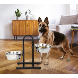 Iconic Pet Adjustable U-Design Double Diner - Anti-Skid Rubber Base Noise Free Stable Dog Food Stand with 5 Quart/ 160 oz Stainless Steel Elevated Dog Food Bowls for Proper Growth & Digestion