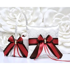 Flower Girl Basket and Ring Bearer Pillow Set in Red and Brown Color