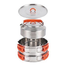 KERMANDO Stainless Steel Camping Cookware Set - Kettle, Frying Pan and Cooking Pot 3 Piece Set With Anti-scald Folding Handles and Mesh Bag