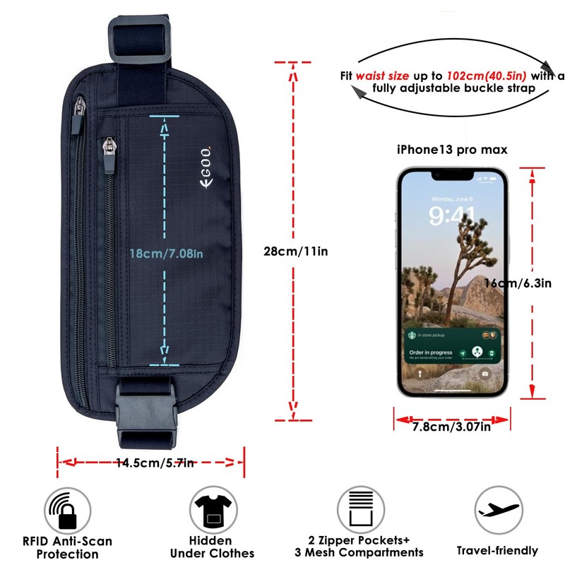 EGOO - Ultralight RFID Money Belt with Adjustable Elastic Strap