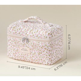 HBselect Quilted Makeup Bag for Women, Floral Cotton Cosmetic Bag Large Travel Makeup Bag Coquette Aesthetic Toiletry Bag