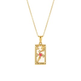 SIXFOX Lovers Tarot Card Necklace for Women, 18k Gold Plated Stainless Steel Lucky Amulet Talisman Pendant Religious Jewelry Gifts Hypoallergenic for Everyday Wear