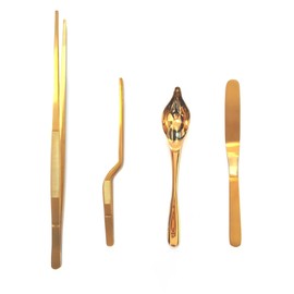 4 Pcs Stainless Steel Kitchen Chef Cooking Tweezers Precision Tongs Drawing Spoons Offset Spatula Set for Professional Chef Food Culinary Plating Decorating (Golden)