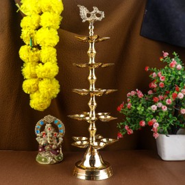 SATVIK 1 Pc Brass Panchmukhi Peacock Kerala Samai Puja Diya Kutthu Vilakku Oil Lamp Pooja 5 Step Diya Engraved Design Deepak Indian Diwali Pooja Home Mandir Office Decor Housewarming Return Gift Items