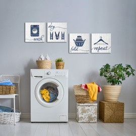 HOMEOART Laundry Room Decor Blue Pictures Wash Dry Fold Laundry Signs Laundry Decor Wall Art Framed 12inchx12inchx4 Piece (Light Grey)