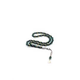 Double Color Pressed Amber Tasbih – Green & Yellow Misbaha with Metal Tassels – 33 Bead Islamic Rosary for Dhikr & Zikr – Beyisa Brand Prayer Beads