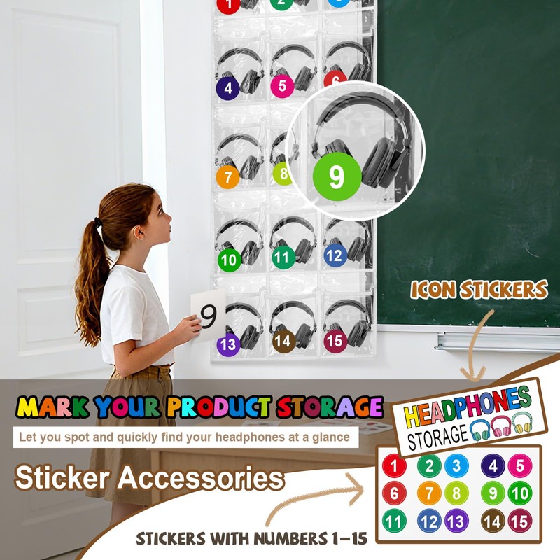 Headphone Storage Classroom Headphone Organizer 15 Pockets PVC Clear Organizer