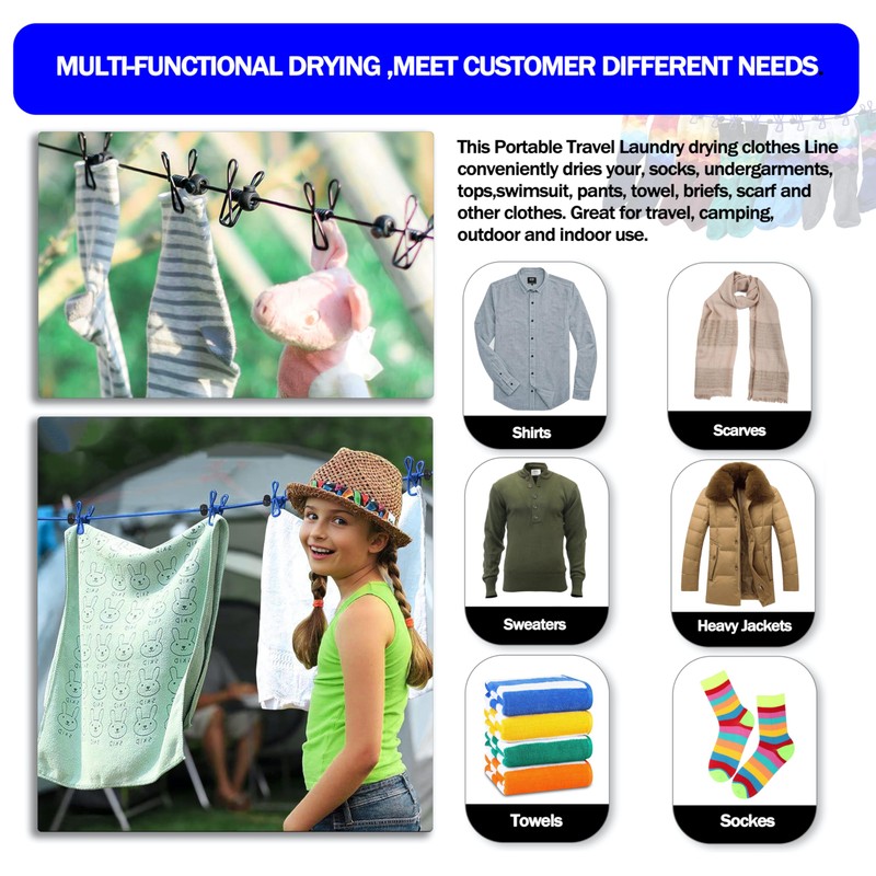 Portable Clothesline with 12 Clothespins, [2 Pack] Gvtech Windproof Travel