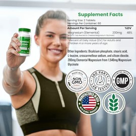 Glicinato de magnesio 200 mg 120 tabletas | Bisglicinato de magnesio puro totalmente reaccionado 1,540 mg | Alta absorción, suave para el estómago, ap