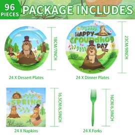 96Pcs Happy Groundhog Day Birthday Party Supplies 350 GSM Groundhog Plates and Napkins Tableware Sets Spring February 2nd Party Decorations for Groundhog Day Themed Baby Shower Party Favor,Servers 24